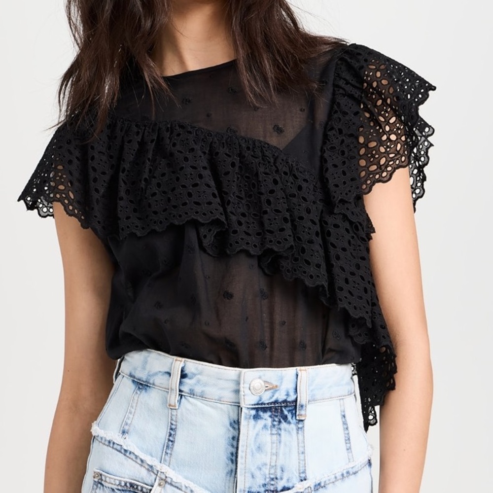 Isabel Marant Etoile Sorani 100% Cotton Black Sheer Ruffled Blouse
